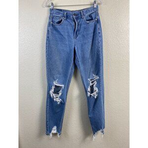American Eagle Mom Jeans  Womens size 4 Tall Long Blue Distressed Denim Straight